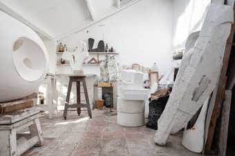 Interior view of a plaster workshop at Barbara Hepworth's studio