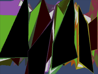 Geometric colourful shapes captured as a still from artist Samia Halaby's kineting painting